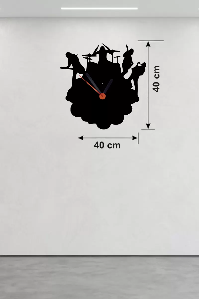 Rock Band ve Müzik Temalı Ahşap Duvar Saati - 40x40 cm Lazer Kesim