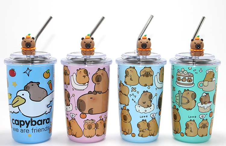 Capybara Tasarımlı Çelik Kupa Bardak - Isı Yalıtımlı - Pipetli Figürlü
