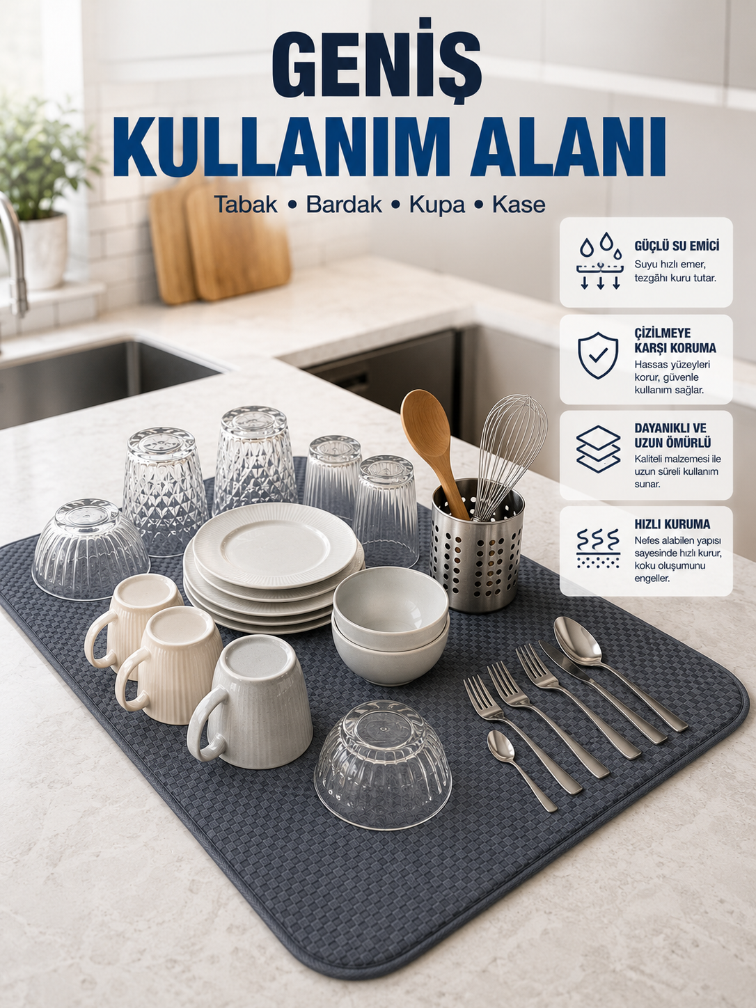 Mikrofiber Bulaşık Kurutma Matı Yüksek Su Emici Mutfak Kurutma Örtüsü