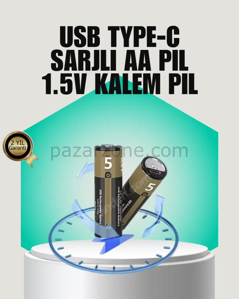 1.5V AA Şarjlı Lityum Pil | 1000+ Kez Şarj Edilebilir | Hızlı Type-C Şarj (2 Adet)