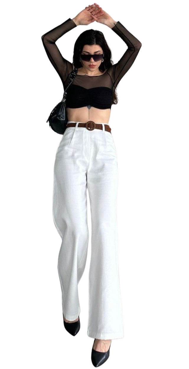 Beli Kemerli  Pantolon - BEYAZ