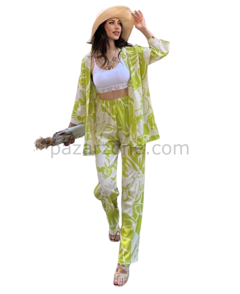 Alt Üst Takım Kimono- Desenli-Yeşil
