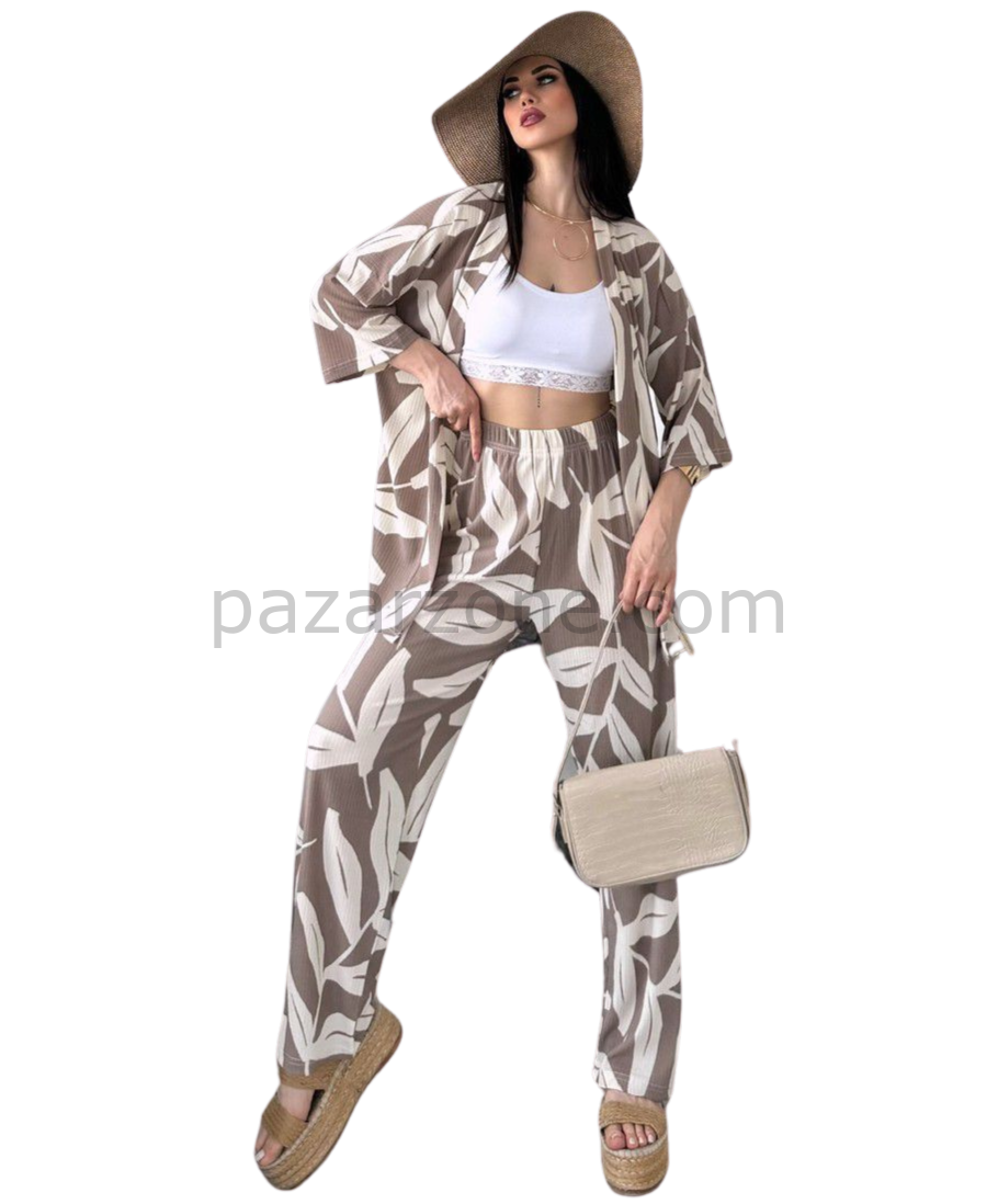 Alt Üst Takım Kimono- Desenli-Kahverengi