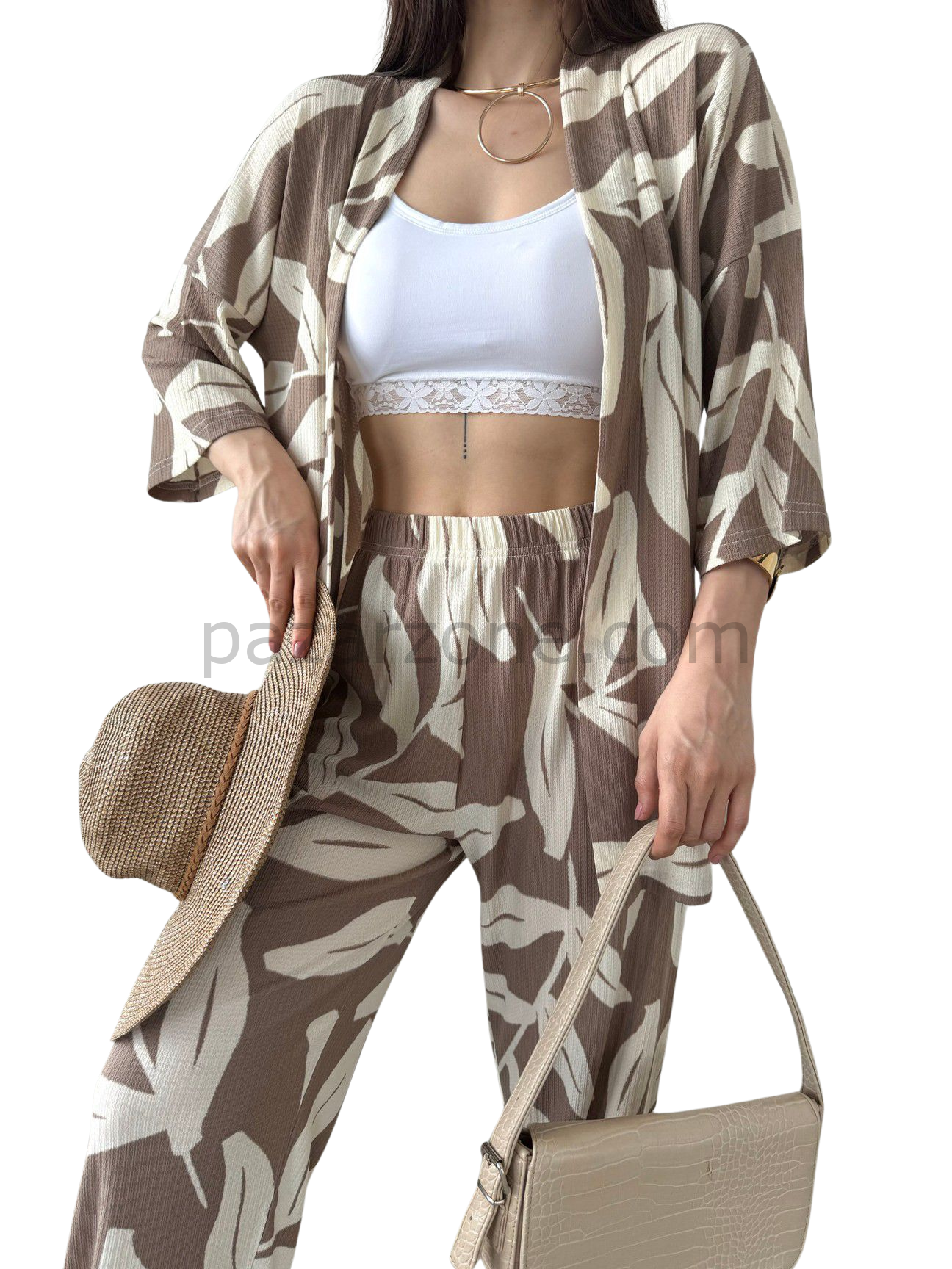 Alt Üst Takım Kimono- Desenli-Kahverengi