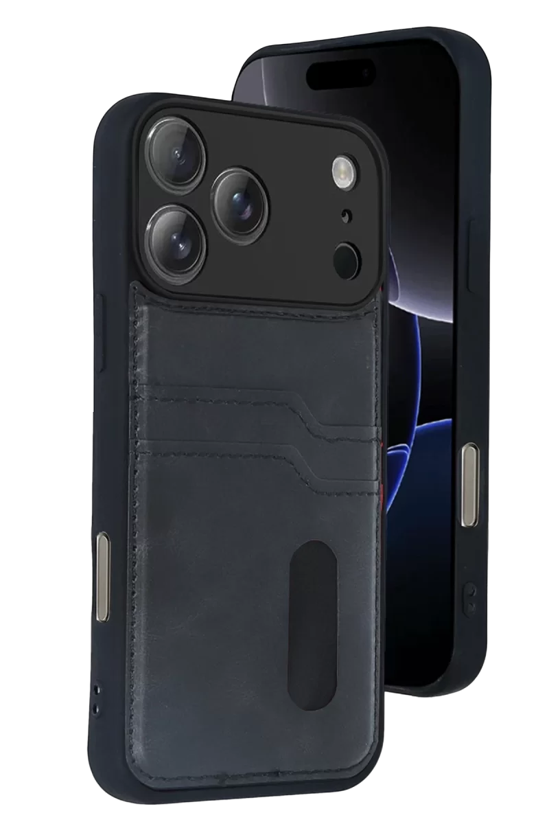 Newface Apple iPhone 17 Pro Sara Kartvizitli Deri Kılıf - Siyah