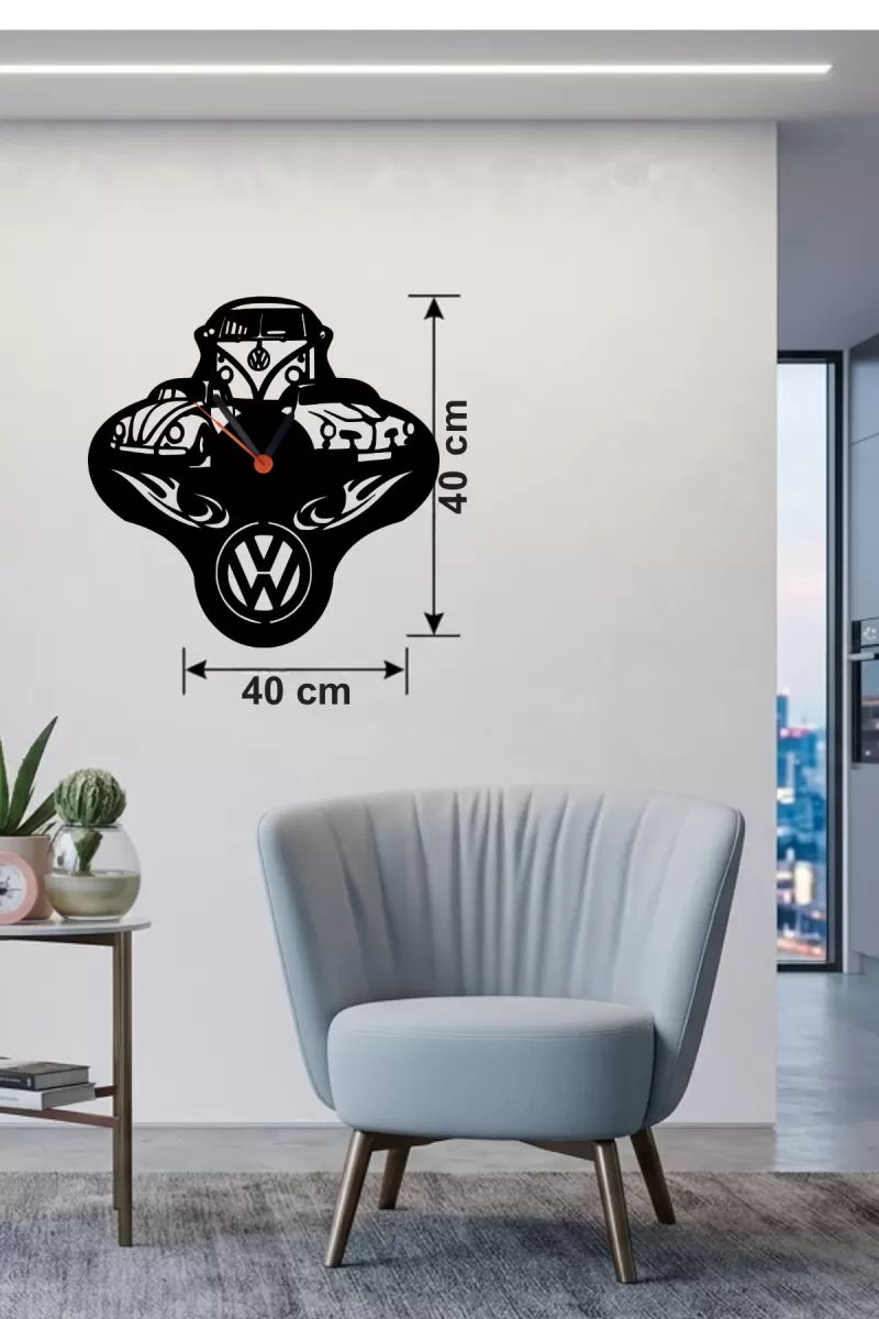 Vosvos ve Retro Araba Temalı Ahşap Duvar Saati - 40x40 cm Lazer Kesim