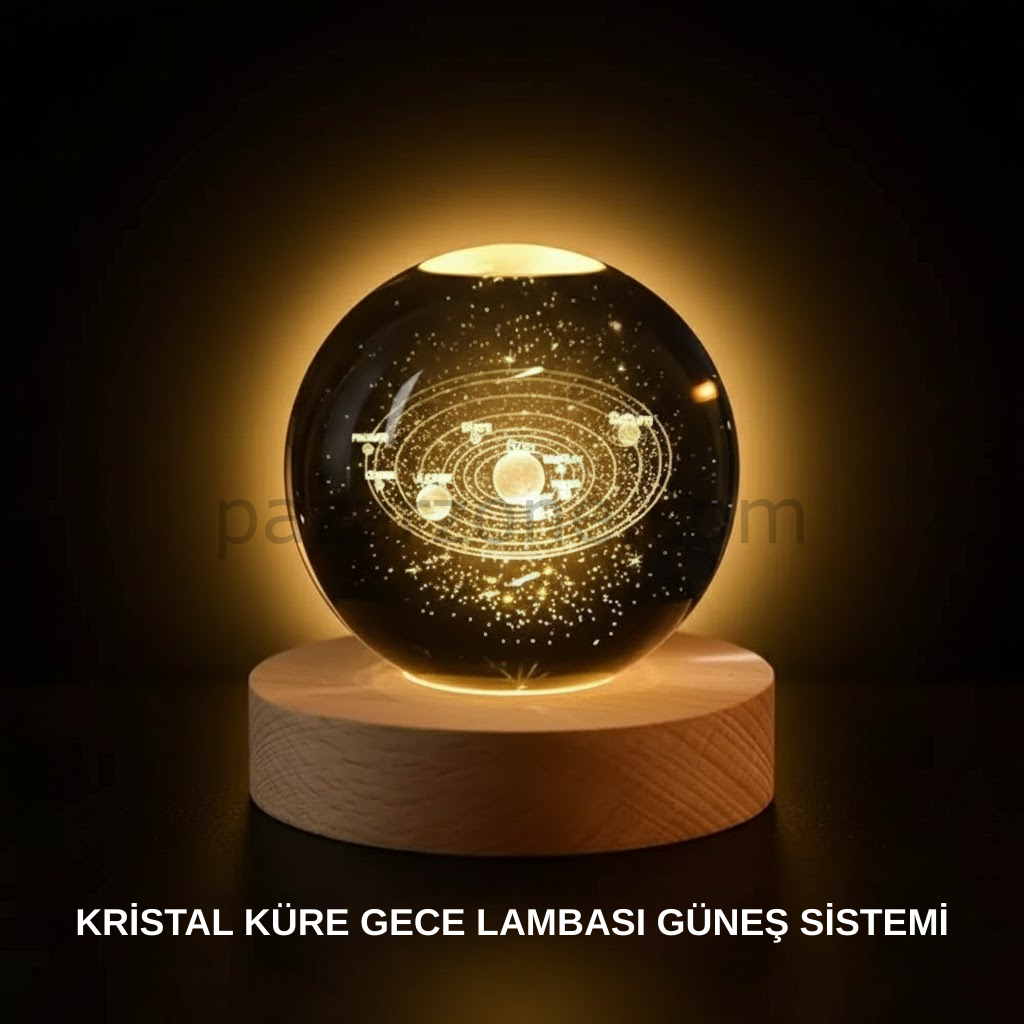 Ahşap Standlı LED Kristal Küre Lazer İşlemeli Dekoratif Obje