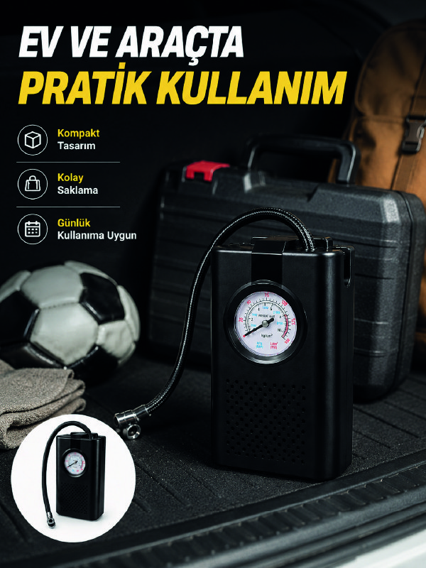 Taşınabilir Araç Hava Pompası Analog Manometreli Lastik Şişirme Pompası
