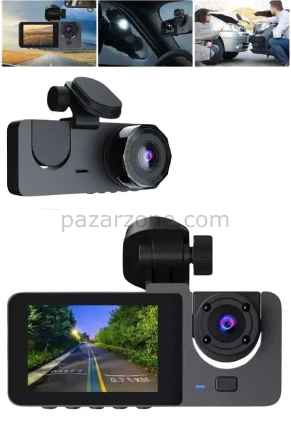 Araç İçi Dikiz Kamerası Sürüş Kaydedici 3 Lensli DVR Kamera