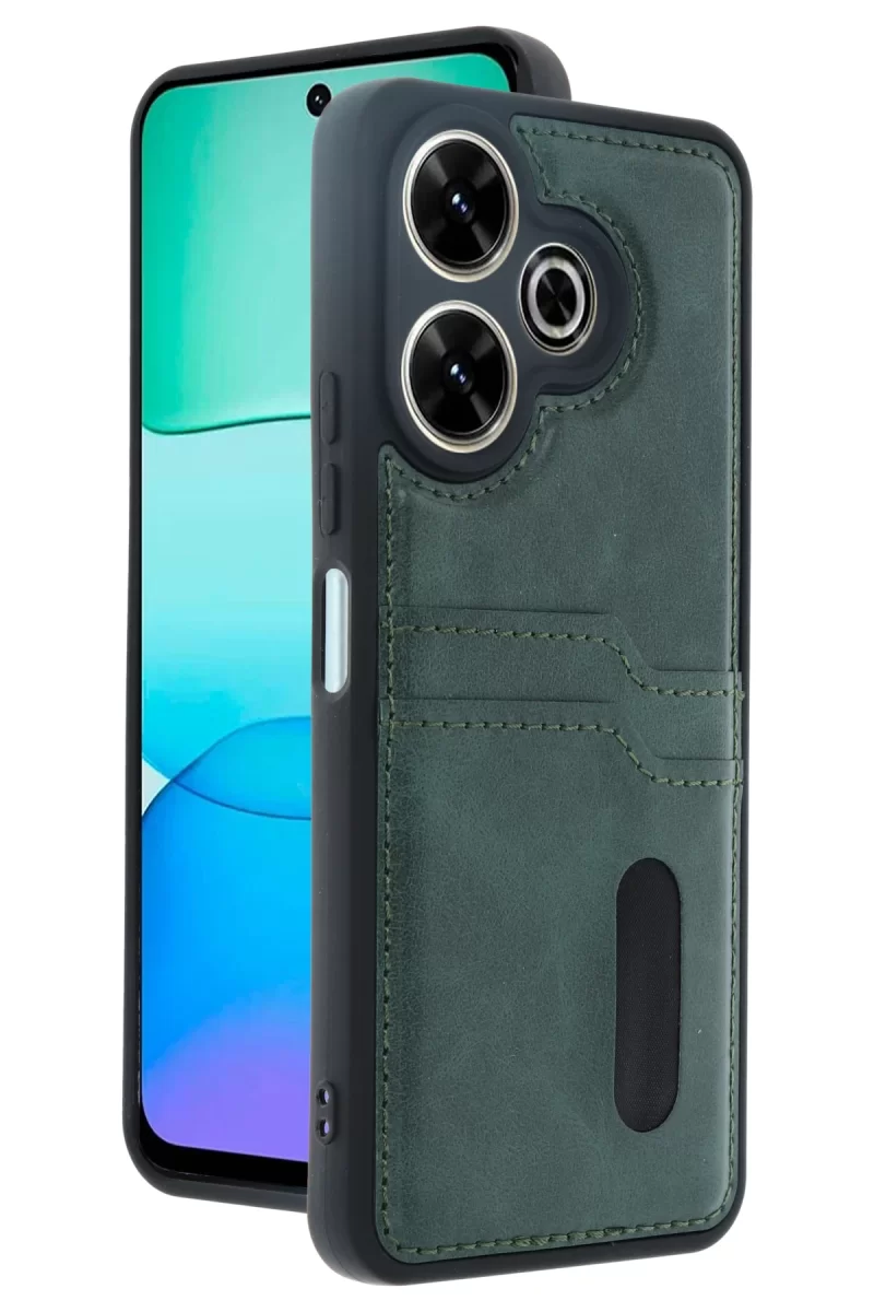Newface Xiaomi Redmi 13 4G Kılıf Sara Kartvizitli Deri Kılıf - Koyu Yeşil