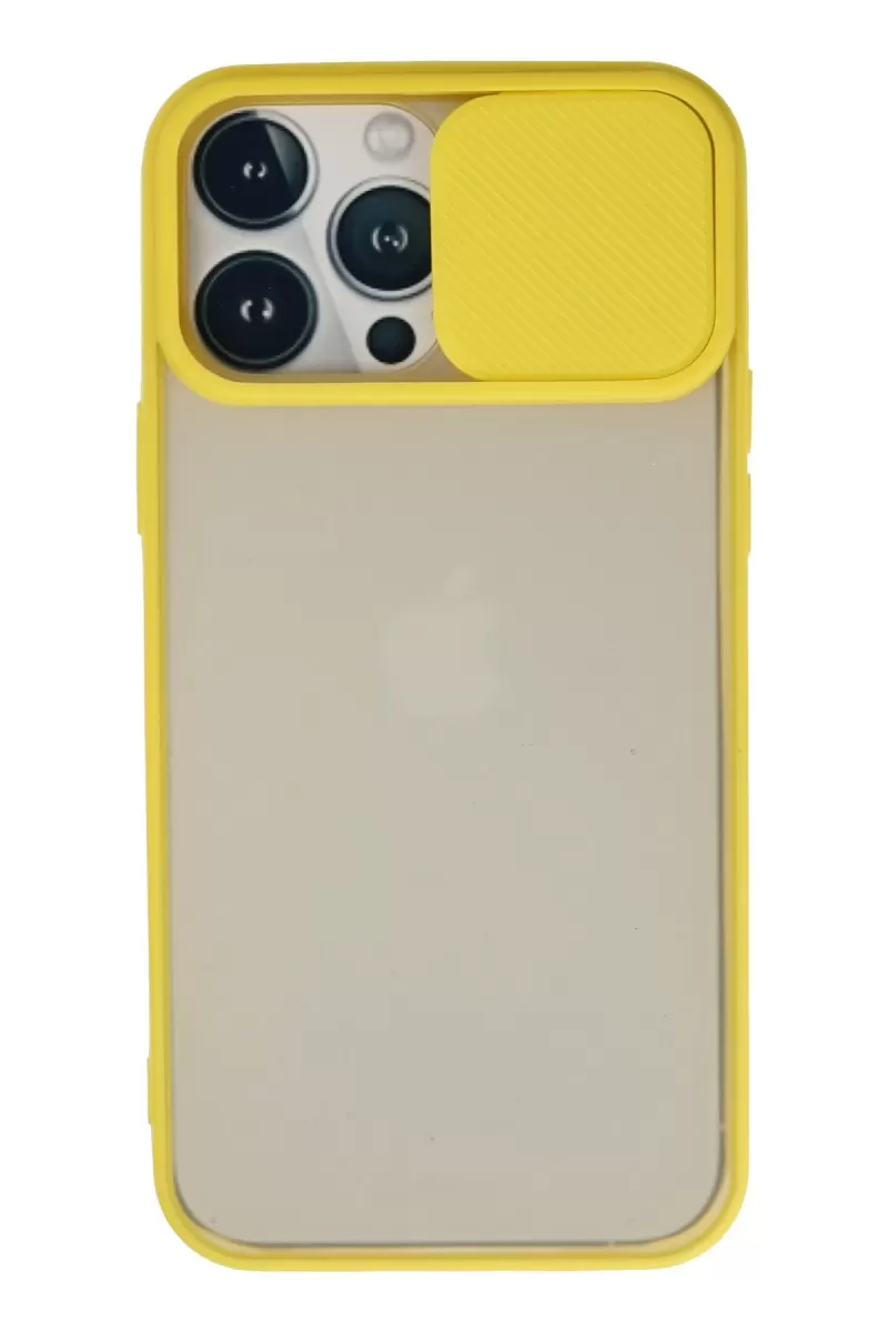 Newface Apple iPhone 13 Pro Max Kılıf Palm Buzlu Kamera Sürgülü Silikon - Sarı