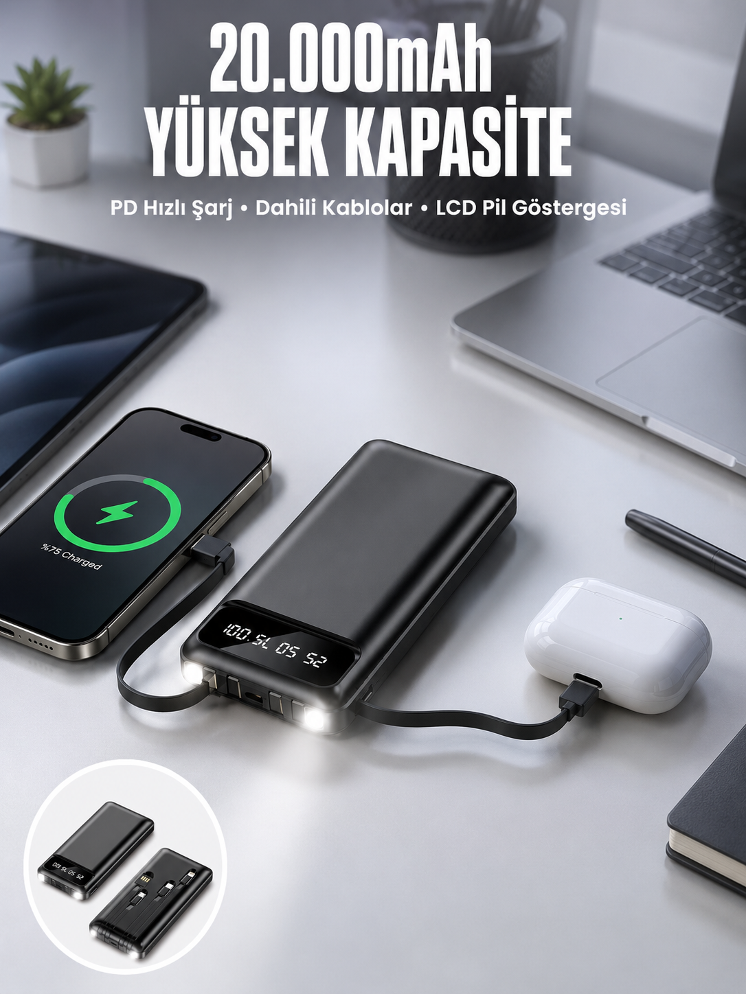Powerbank 20.000 Mah Dijital Göstergeli LCD Ekran Uzun Pil Ömrü Yeni Nesil