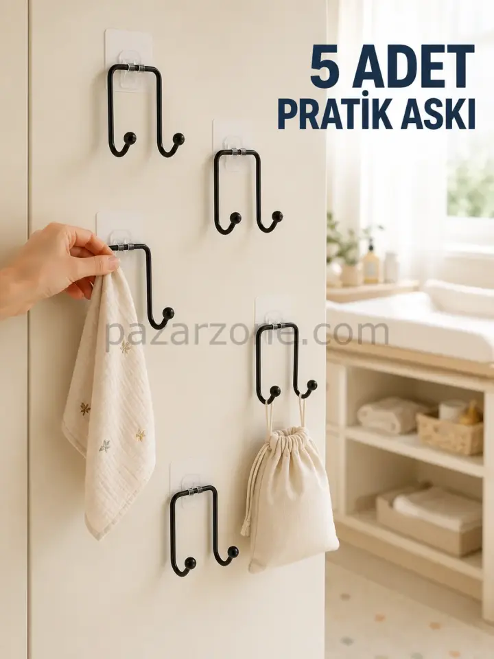 5'li Duvar Tipi Yapışkanlı Askı Pratik Ev ve Yaşam Alanı Askılık Seti