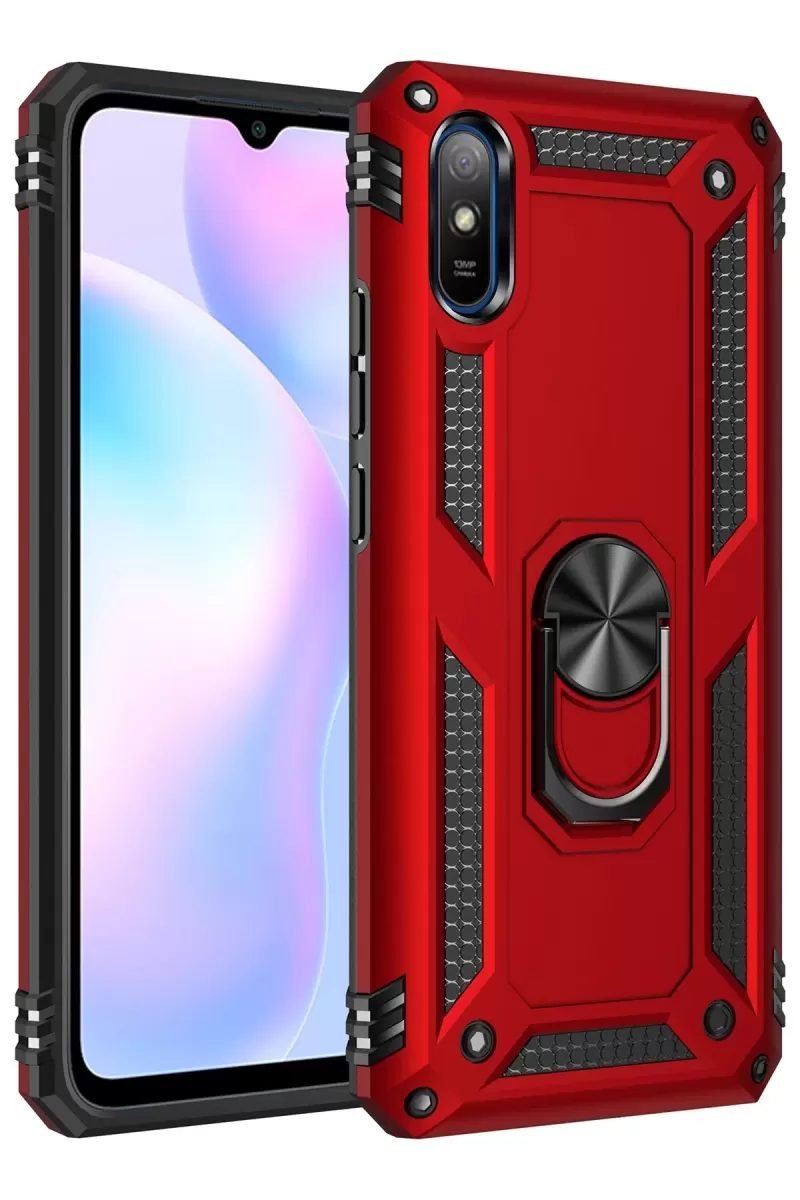 Newface Xiaomi Redmi 9A Kılıf Sofya Yüzüklü Silikon Kapak - Kırmızı
