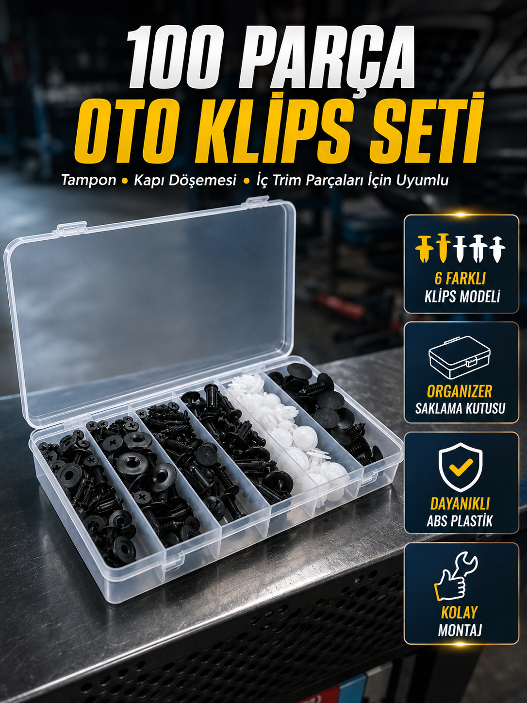 100 Parça Oto Döşeme Klipsi Seti Tampon, Kapı Paneli ve Plastik Trim Sabitleme Klipsleri