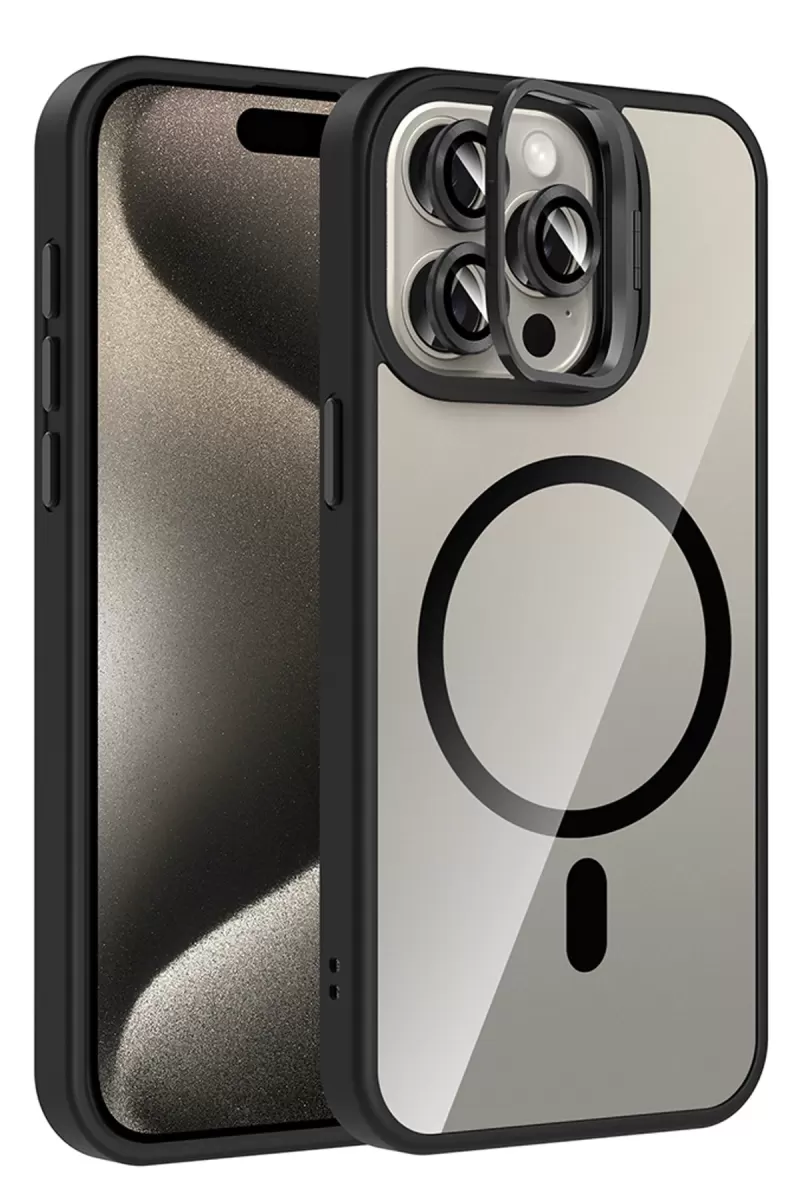 Joko Apple iPhone 15 Pro Max Remim Lensli Magsafe Standlı Kapak - Siyah