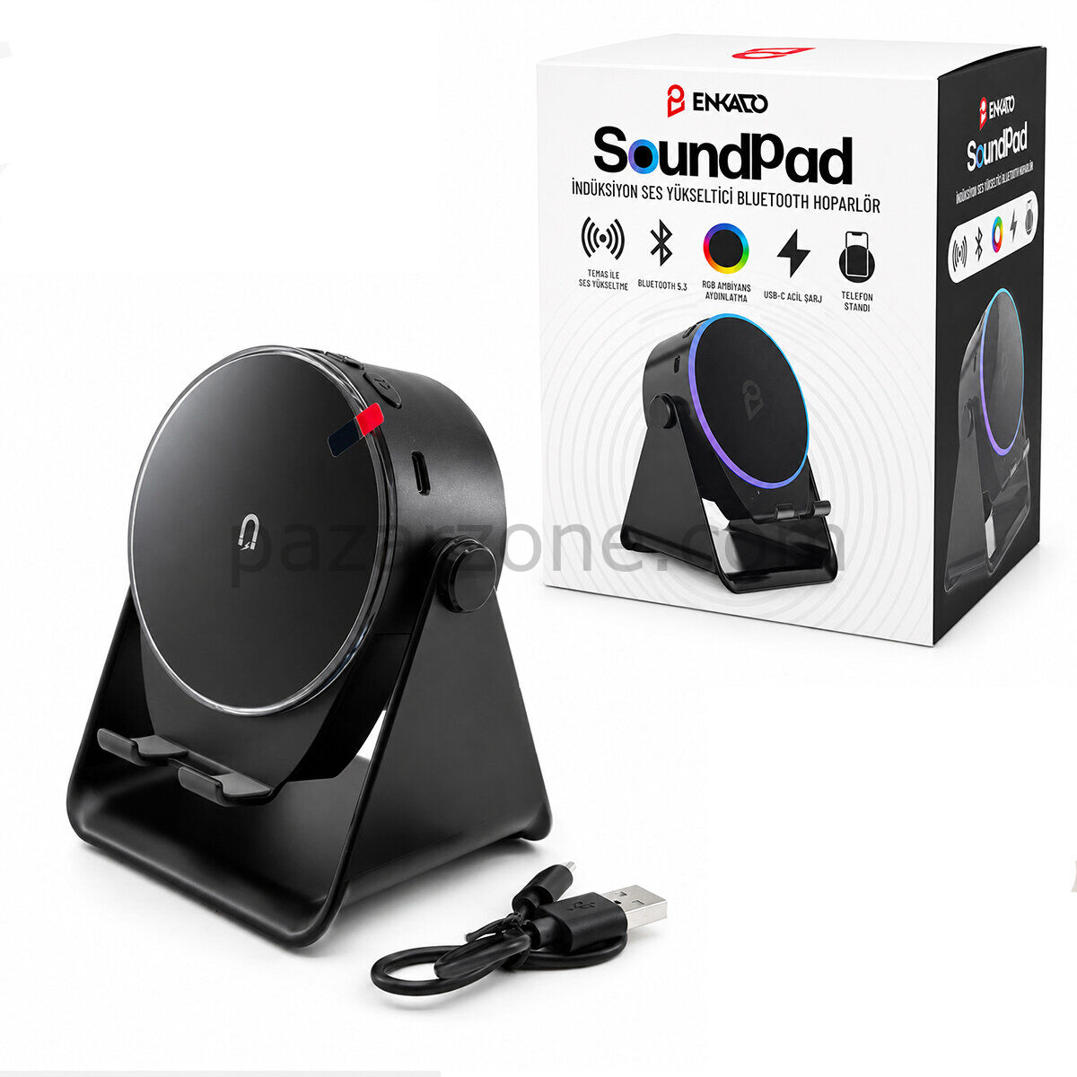 SoundPad Bluetooth Hoparlör - İndüksiyon Temas Özellikli - Telefon Standlı - Type-C Şarj - RGB Ambiyans Aydınlatma