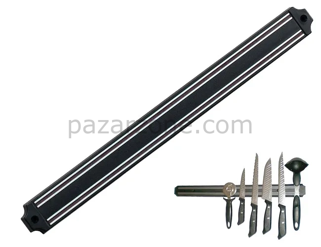 Mutfak Duvarına Monte Mıknatıslı Geniş Bıçak Tutucu Stand - 55 Cm - Siyah - Paslanmaz Çelik