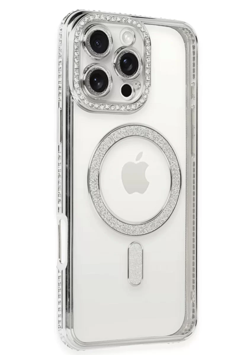Newface Apple iPhone 16 Pro Kılıf Joke Simli Magneticsafe Kılıf - Gümüş