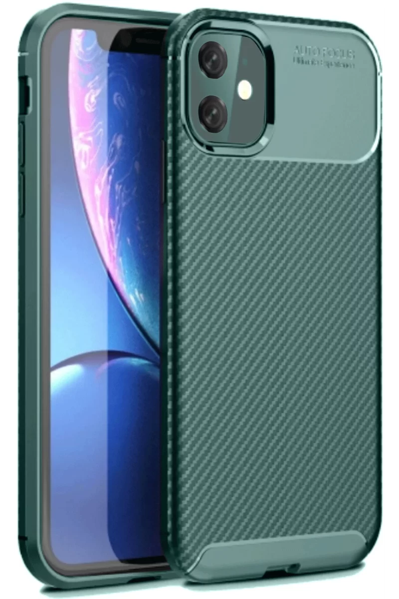 Newface Apple iPhone 11 Kılıf Auto Focus Karbon Kapak - Koyu Yeşil