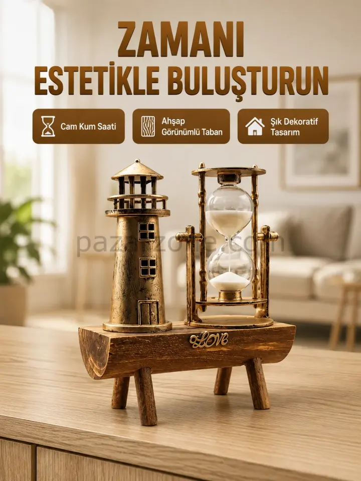 Deniz Feneri Tasarımlı Ahşap Kum Saati – Retro Masa Aksesuarı Yeni Nesil