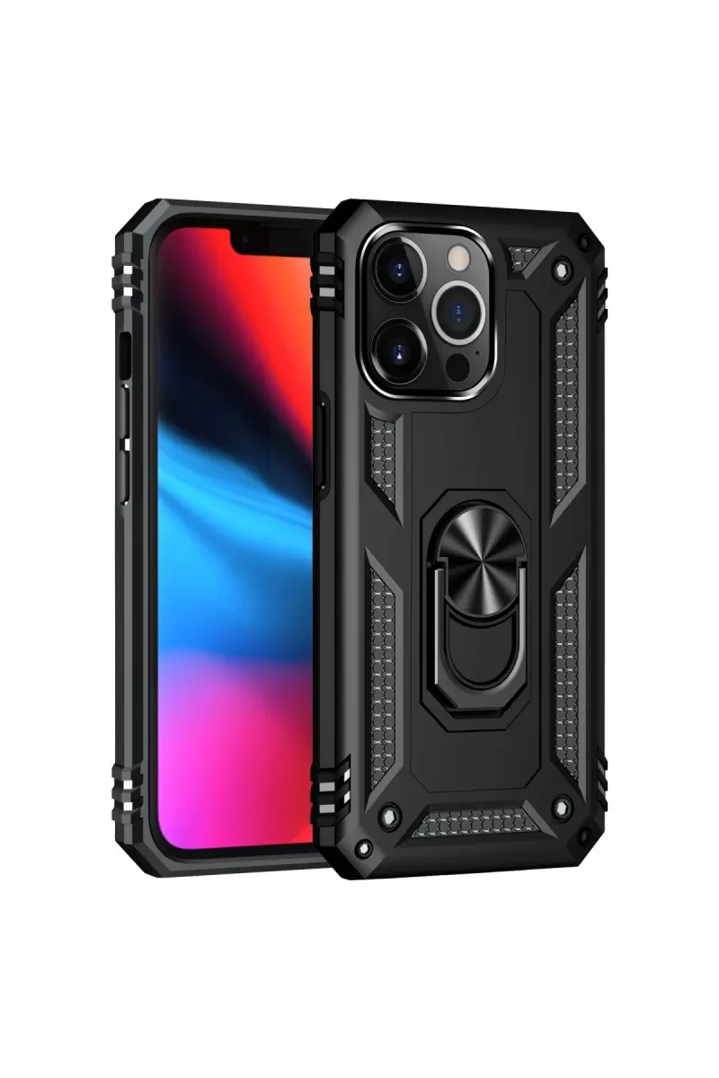 Newface Apple iPhone 13 Pro Max Kılıf Sofya Yüzüklü Silikon Kapak - Siyah