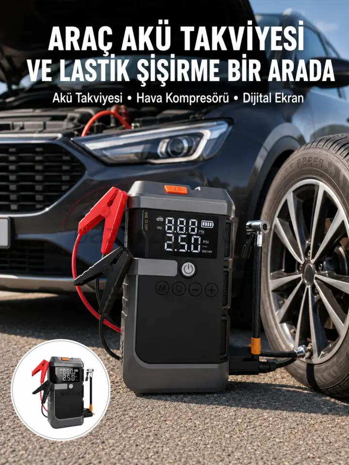 Araç İçin 4 Fonksiyonlu Akü Takviye ve Lastik Şişirme Cihazı Yeni Nesil