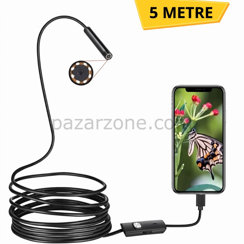 5 Metre Yılan Kamera - LED Işıklı - IP67 Su Geçirmez - 3 Farklı Başlıklı