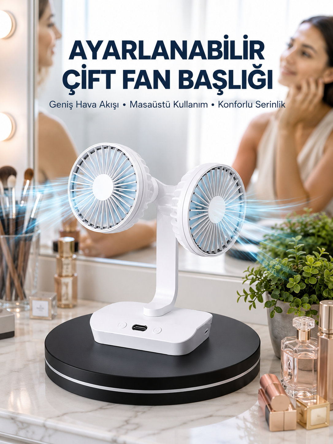 Ayarlanabilir Hızlı Çift Başlıklı Masaüstü Fan – Gece Lambalı Serinletici