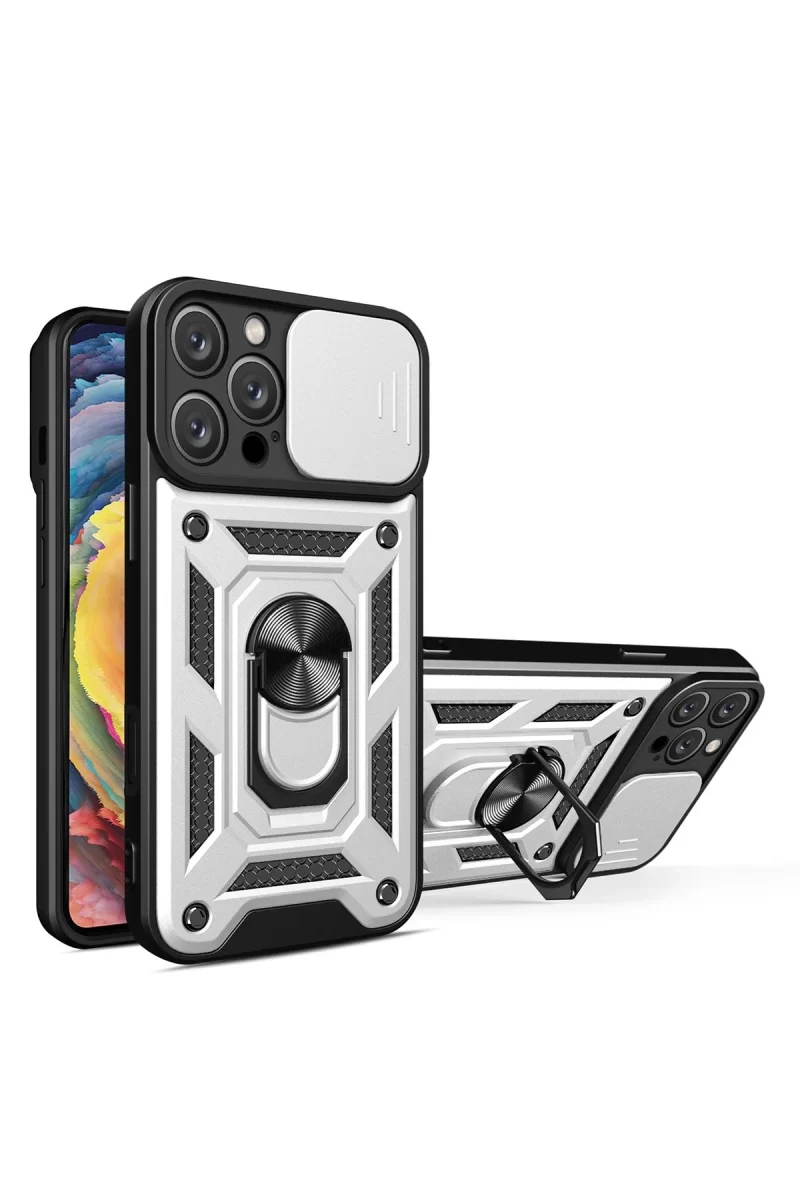 Newface Apple iPhone 16 Pro Kılıf Pars Lens Yüzüklü Silikon - Gümüş