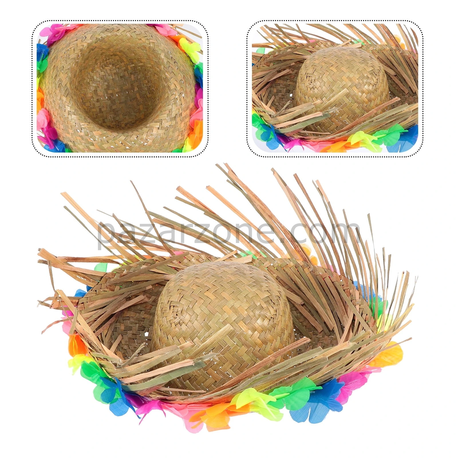 Naturel Renk Püsküllü Örme Hasır Hawaii Luau Aloha Şapka 13x36 Cm