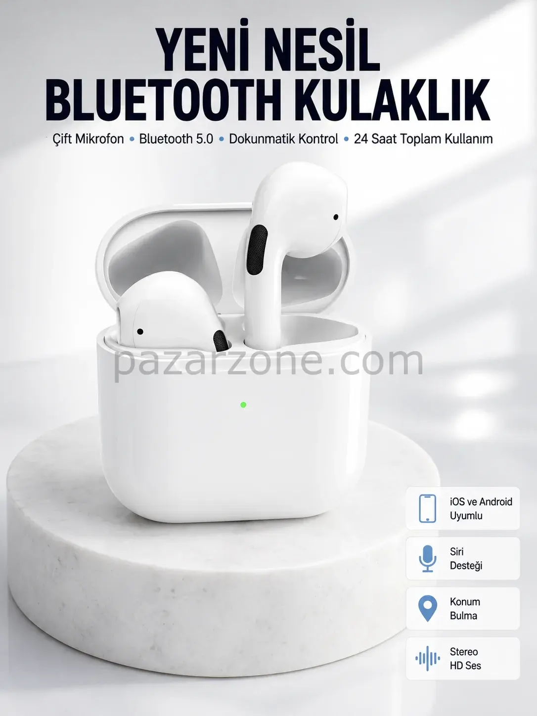 Yeni Nesil Bluetooth Kulaklık Beyaz Çağrı Cevaplayabilen Kablosuz