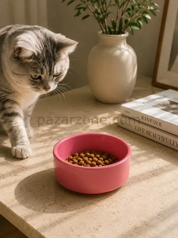 Kase Model Beton Kedi Köpek Mama ve Su Kabı (15cm çap × 5cm) - Pembe