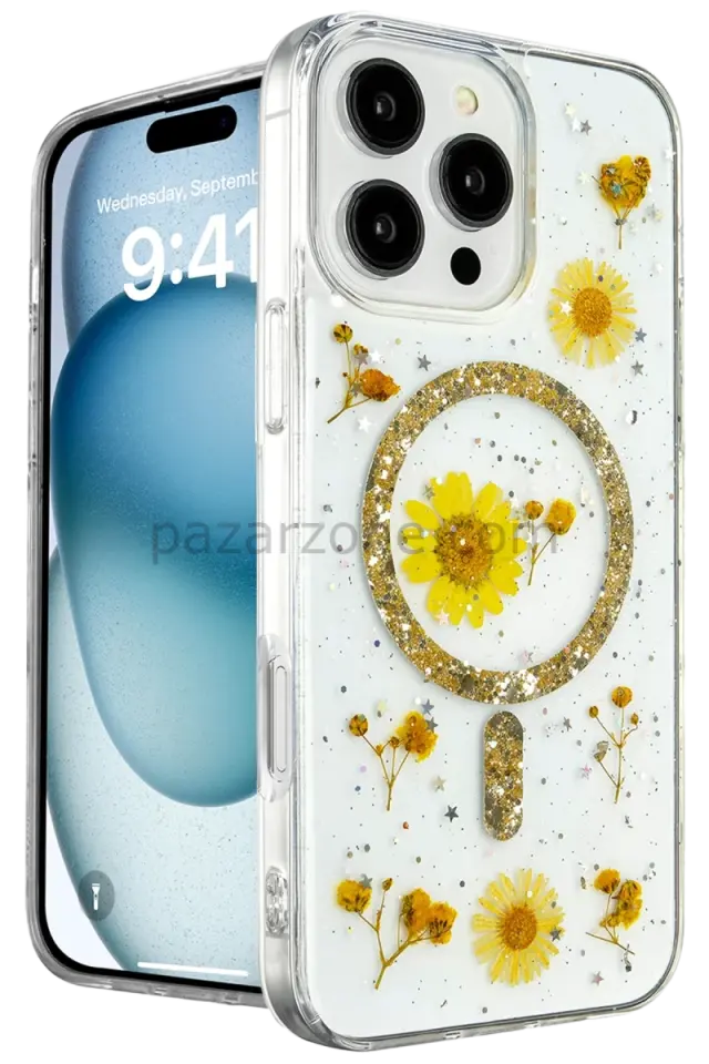 Newface Apple iPhone 16 Pro Kılıf Daisy Simli Magsafe Kapak - Gold