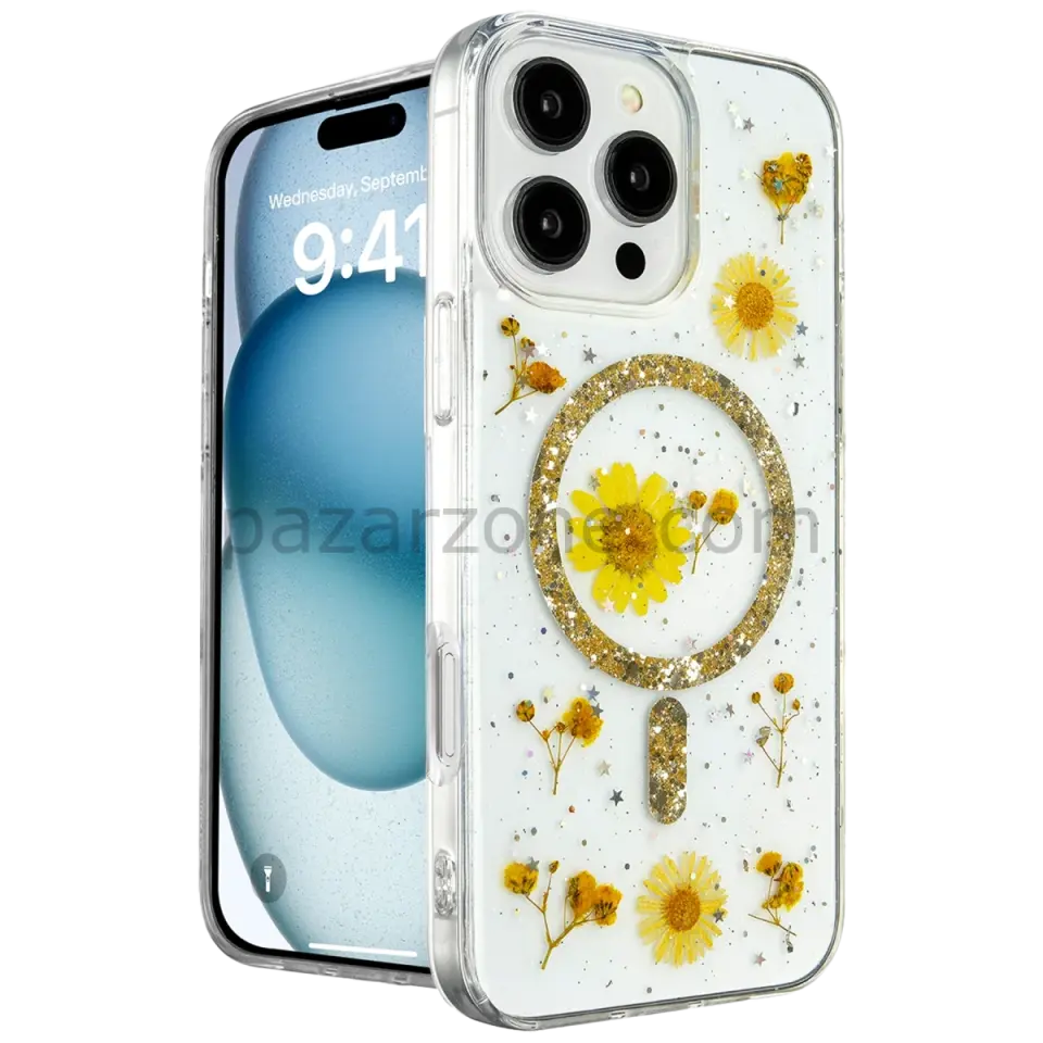 Apple iPhone 16 Pro Kılıf Daisy Simli Magsafe Kapak - Gold