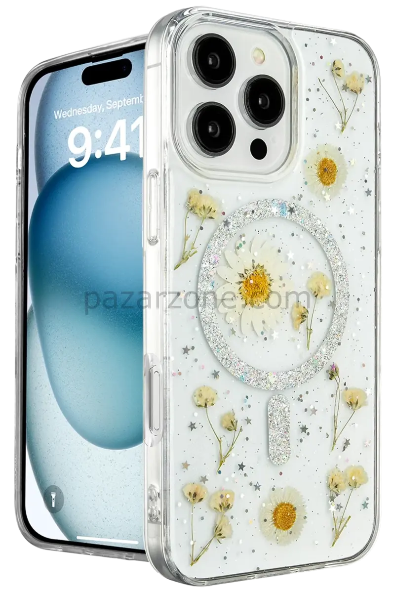 Newface Apple iPhone 16 Pro Kılıf Daisy Simli Magsafe Kapak - Gümüş