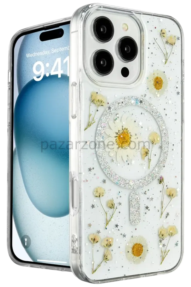Newface Apple iPhone 16 Pro Kılıf Daisy Simli Magsafe Kapak - Gümüş