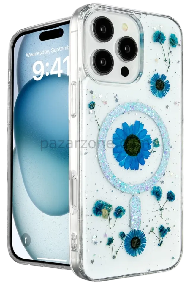 Newface Apple iPhone 16 Pro Kılıf Daisy Simli Magsafe Kapak - Mavi