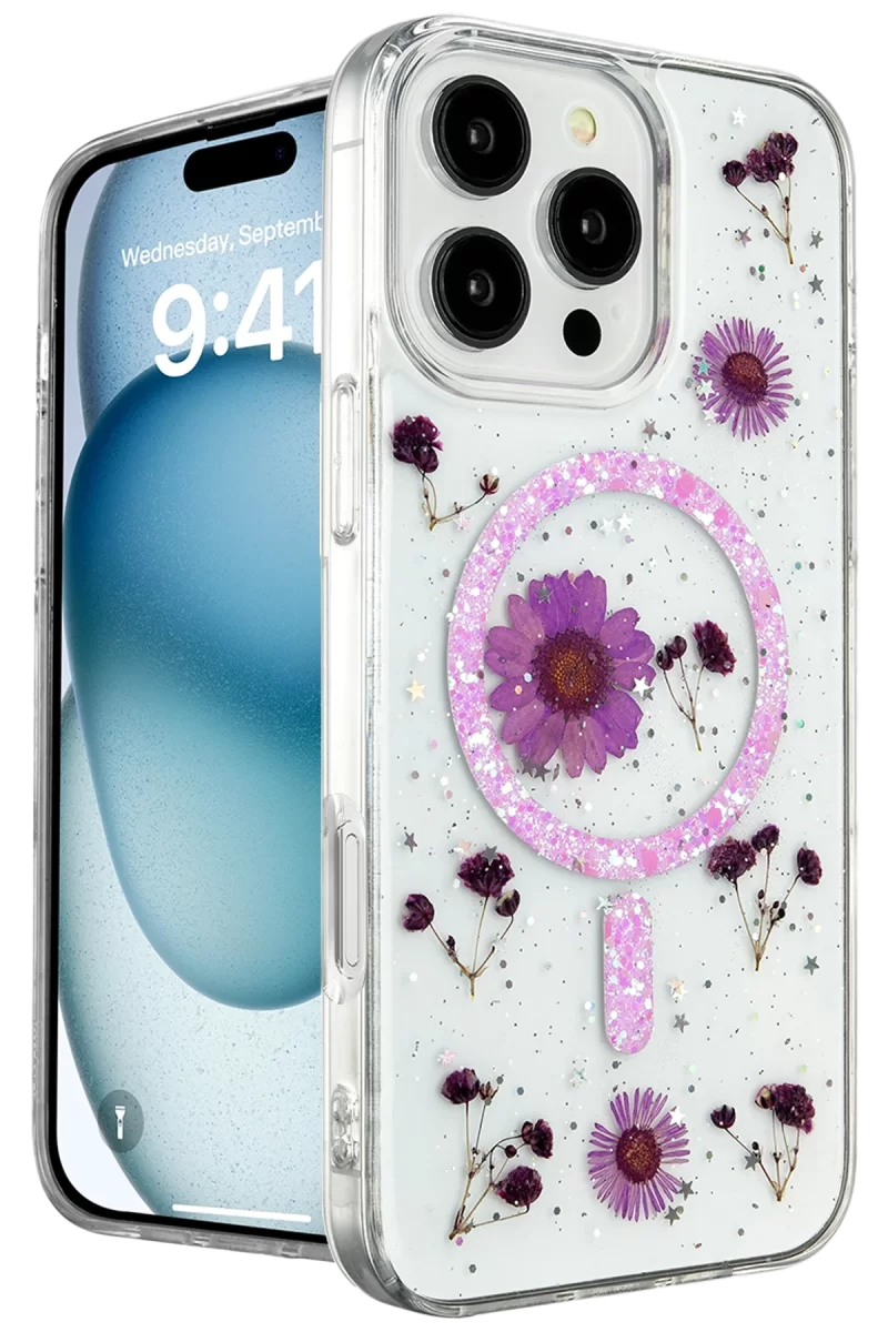 Newface Apple iPhone 16 Pro Kılıf Daisy Simli Magsafe Kapak - Mor
