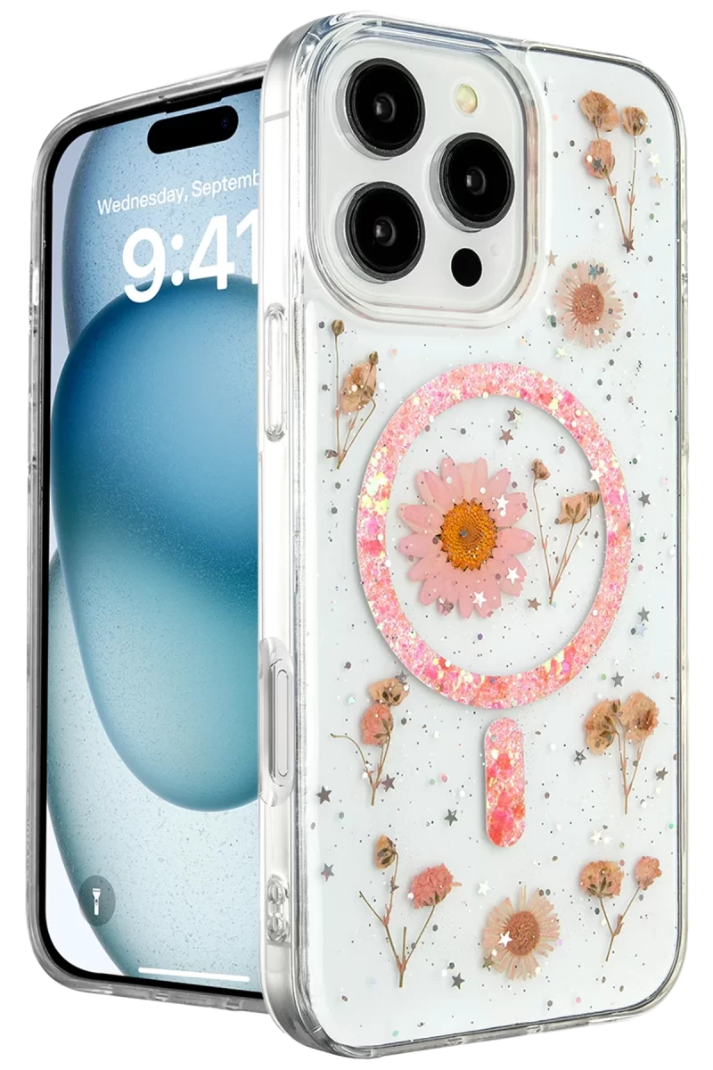 Newface Apple iPhone 16 Pro Kılıf Daisy Simli Magsafe Kapak - Pembe