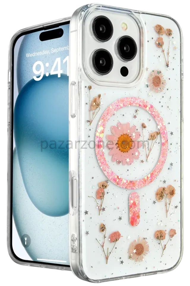 Newface Apple iPhone 16 Pro Kılıf Daisy Simli Magsafe Kapak - Pembe