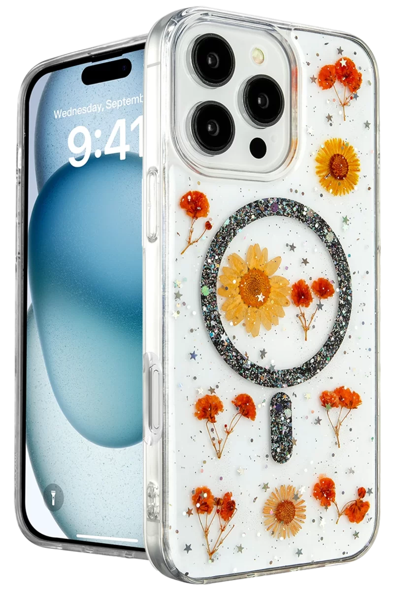 Newface Apple iPhone 16 Pro Kılıf Daisy Simli Magsafe Kapak - Siyah