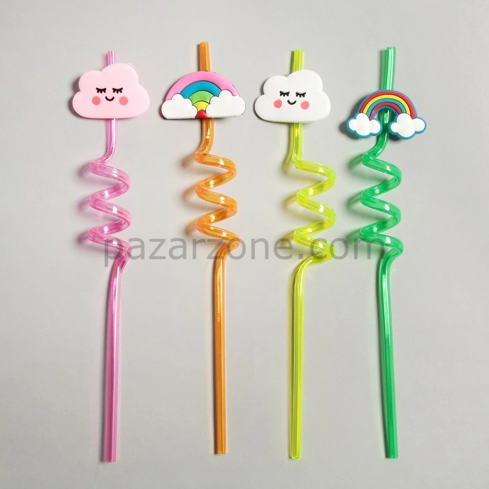 5 Parça Renkli Pipet Seti - Emojili Spiral Kokteyl- Çocuk Pipeti Temizleme Fırçalı