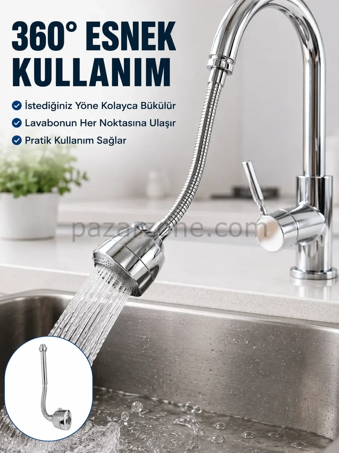 Krom Musluk Uzatma Aparatı  360° Dönebilen Su Tasarruflu Lavabo Fıskiyesi