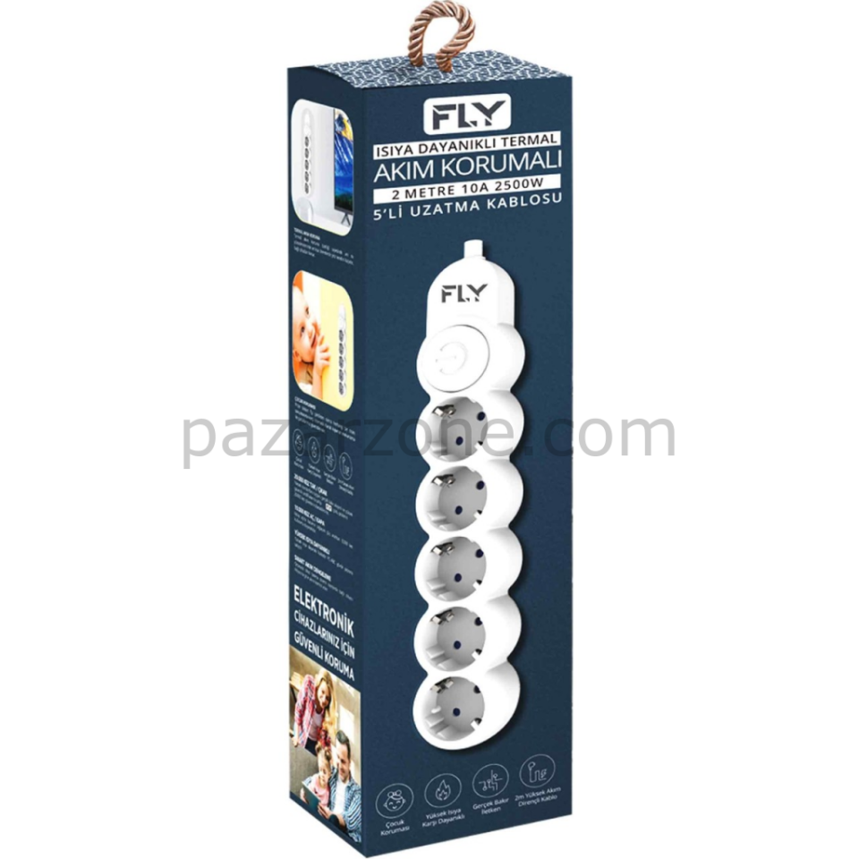 FLY 3394-01, 5 Soket, Akım Korumalı Priz, 2.1A, Anahtarlı, 2Mt Kablo, (Beyaz)