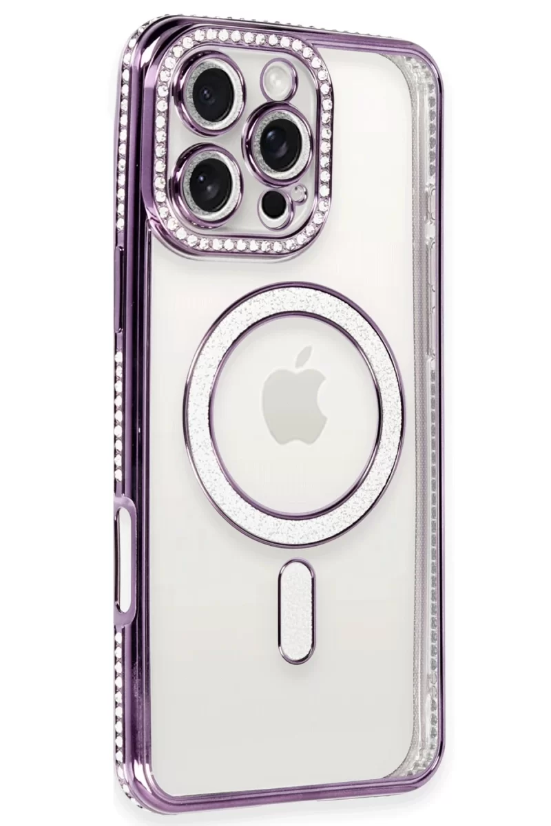 Newface Apple iPhone 16 Pro Kılıf Joke Simli Magneticsafe Kılıf - Derin Mor
