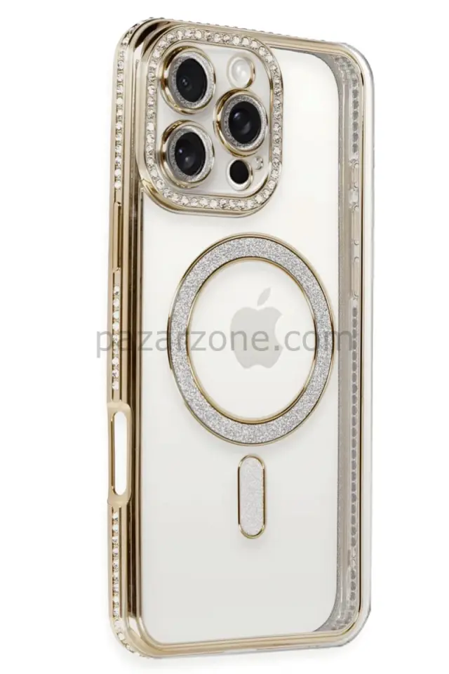 Newface Apple iPhone 16 Pro Kılıf Joke Simli Magneticsafe Kılıf - Gold