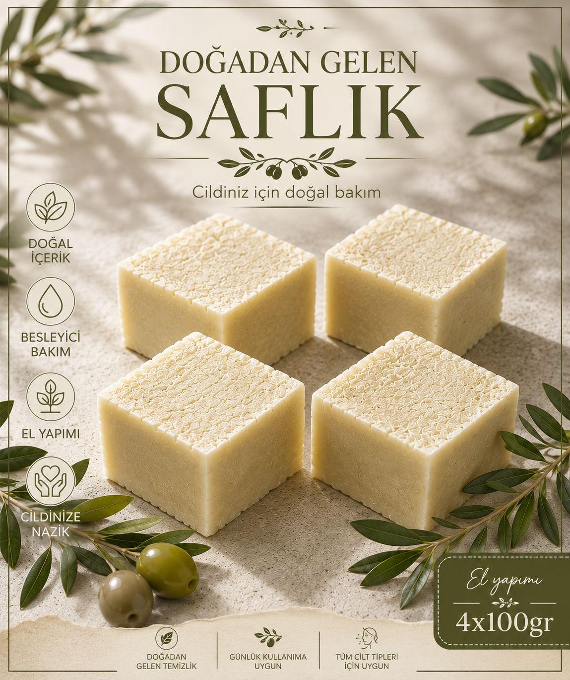 Doğal El Yapımı Zeytinyağ Özlü Katı Sabun