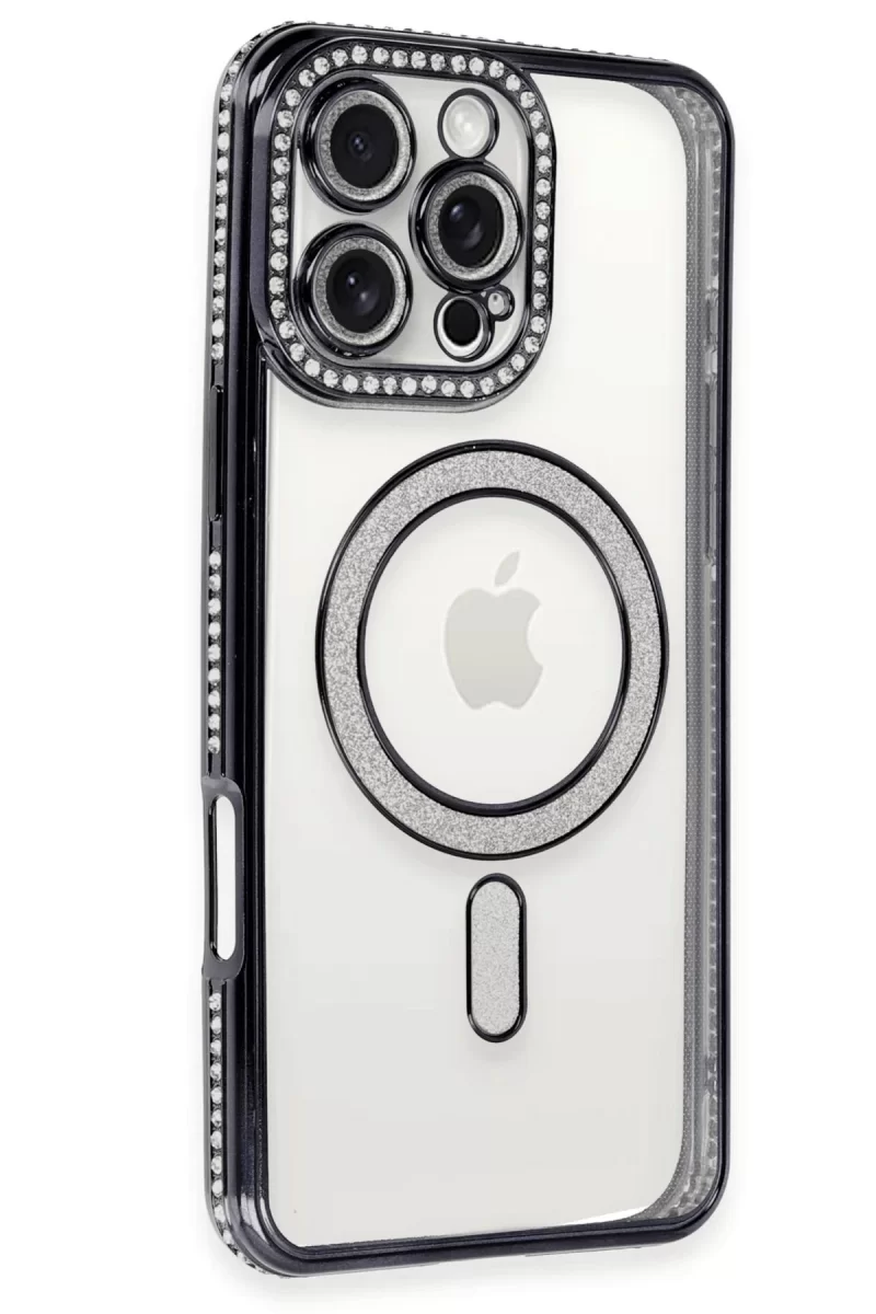 Newface Apple iPhone 16 Pro Kılıf Joke Simli Magneticsafe Kılıf - Siyah