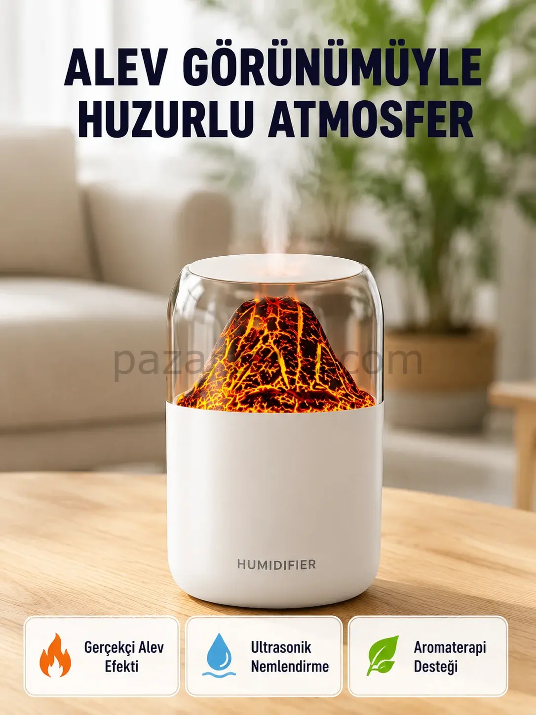 280ml Alev Işıklı Ultrasonik Hava Nemlendirici Sessiz ve USB Şarjlı